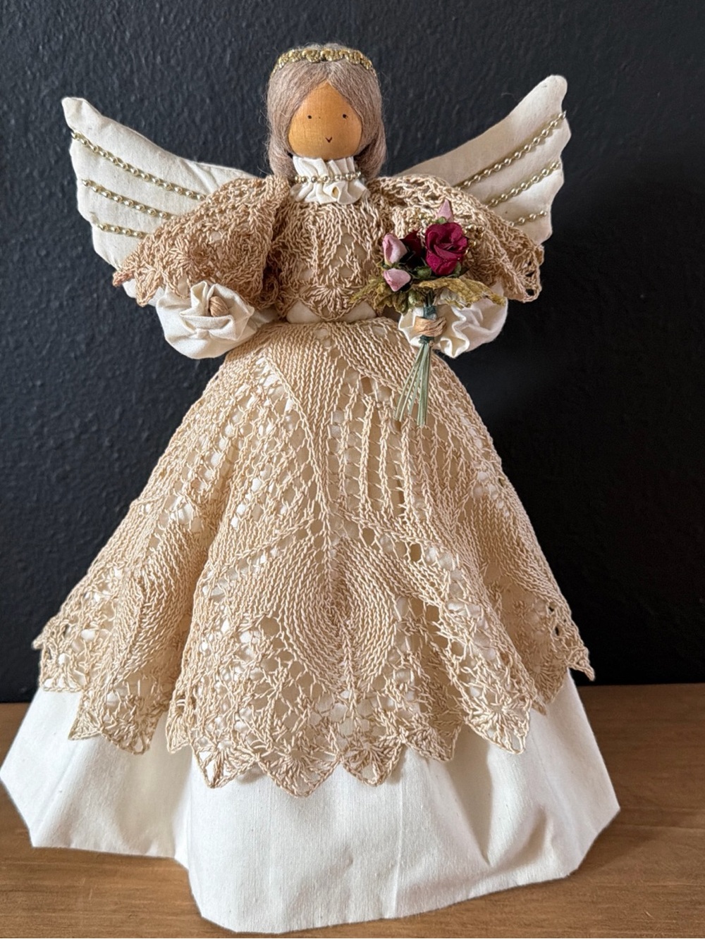 Vintage 90s Pine Baroness Inc. Handmade Lace Angel Tree Topper Christmas Cottage